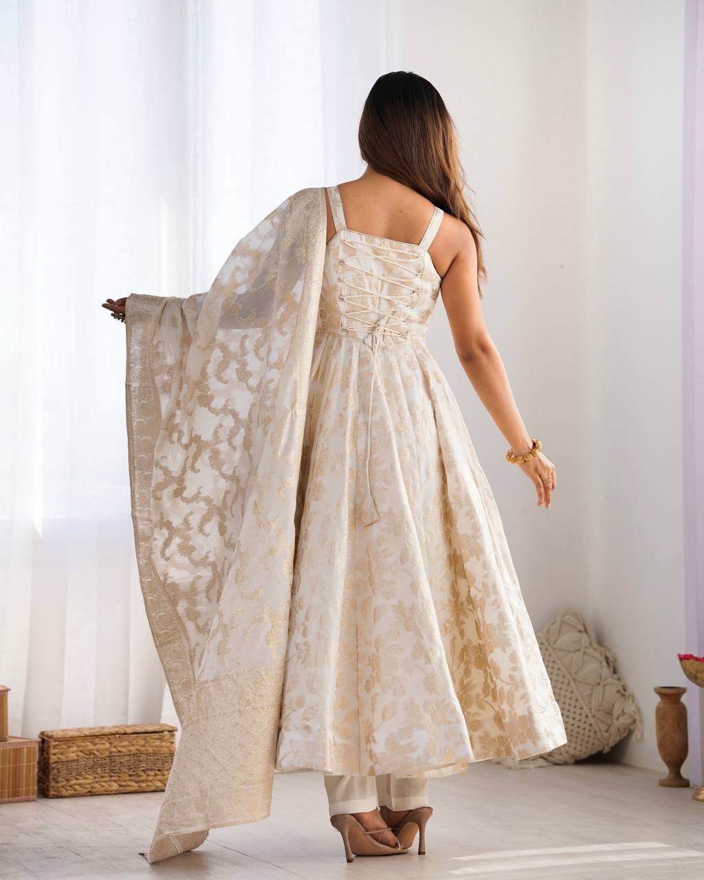 White Banarasi Silk Anarkali Set