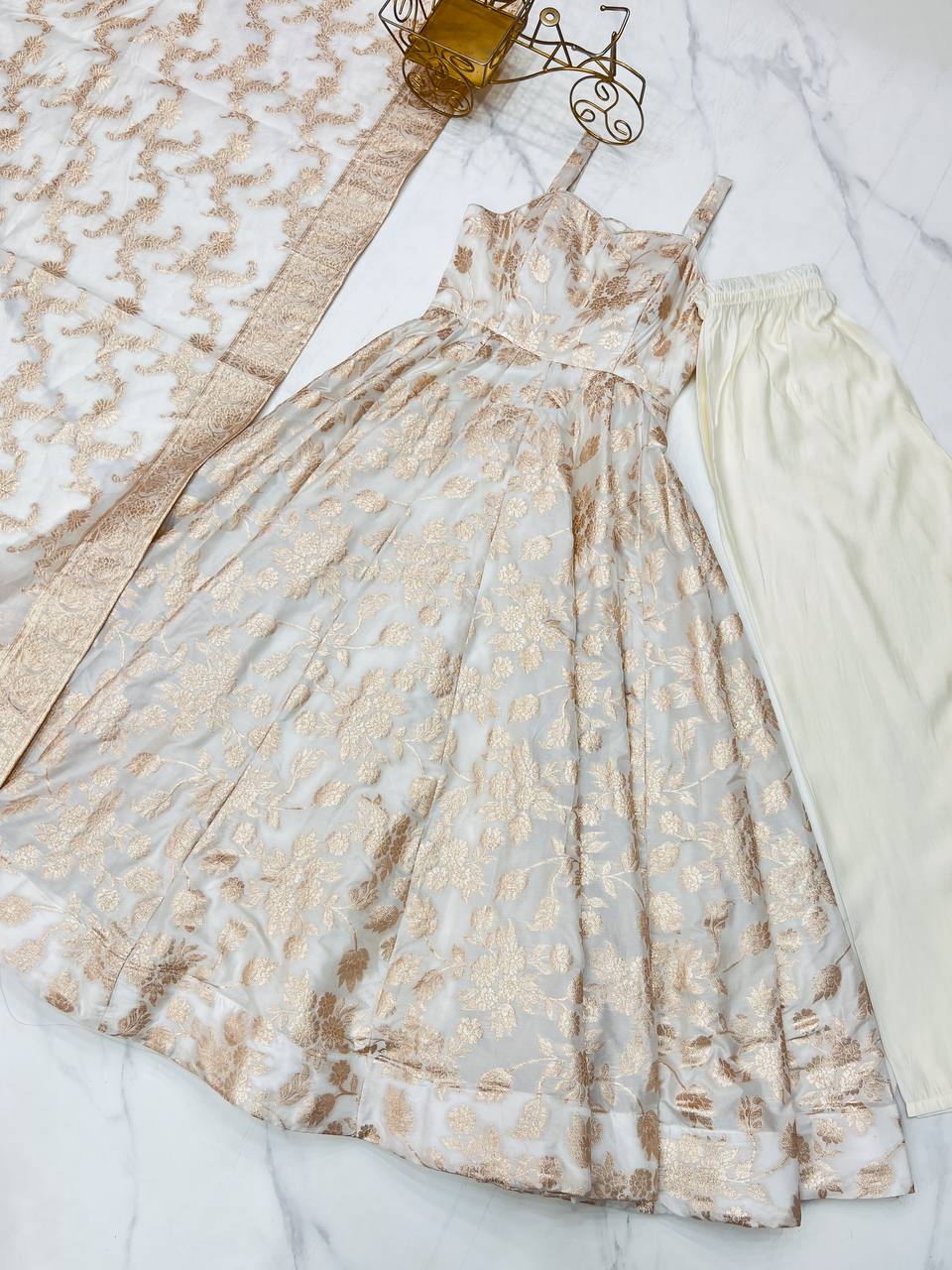 White Banarasi Silk Anarkali Set