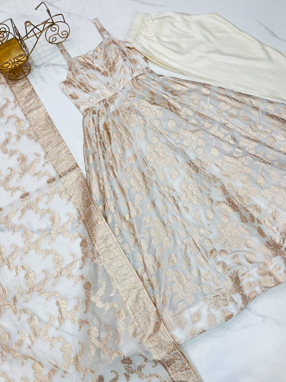 White Banarasi Silk Anarkali Set