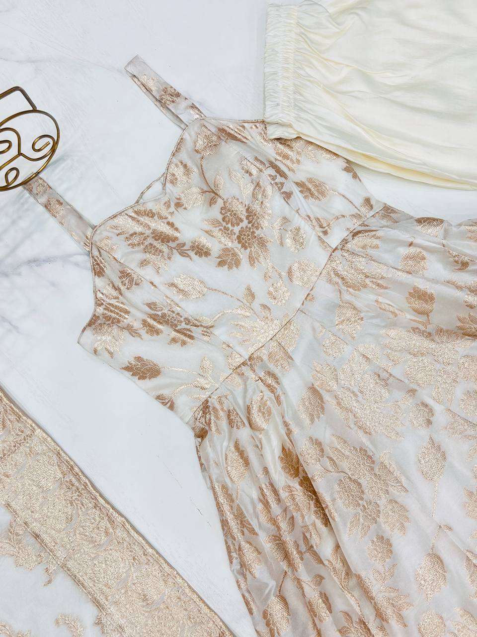 White Banarasi Silk Anarkali Set