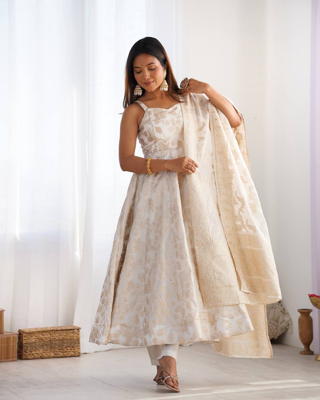 White Banarasi Silk Anarkali Set