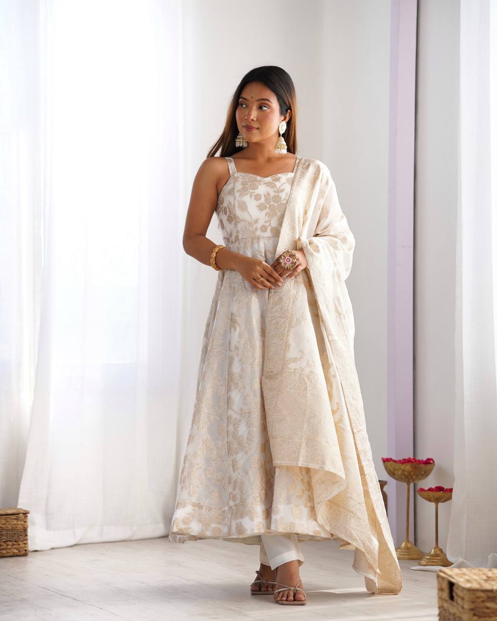 White Banarasi Silk Anarkali Set