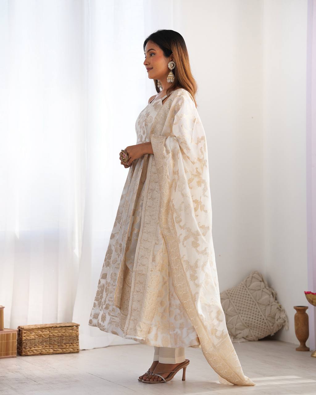 White Banarasi Silk Anarkali Set