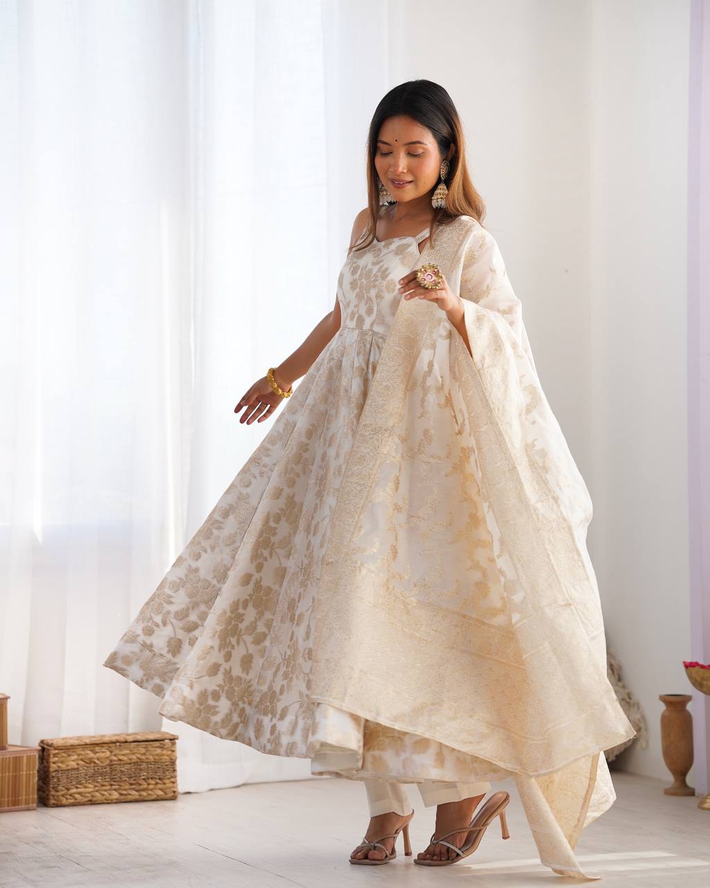 White Banarasi Silk Anarkali Set