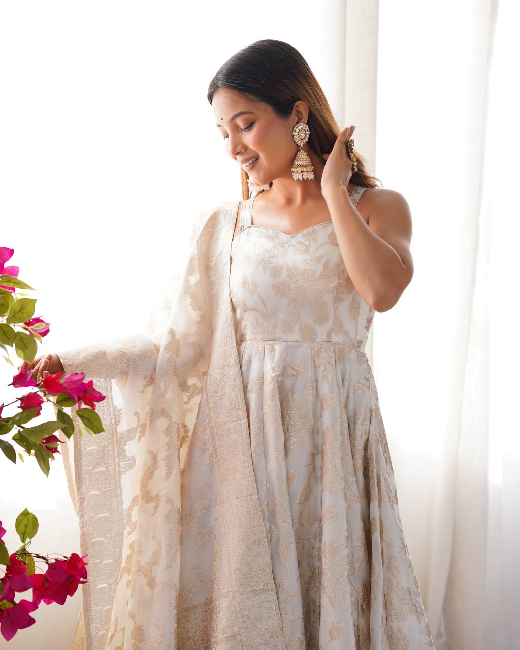 White Banarasi Silk Anarkali Set