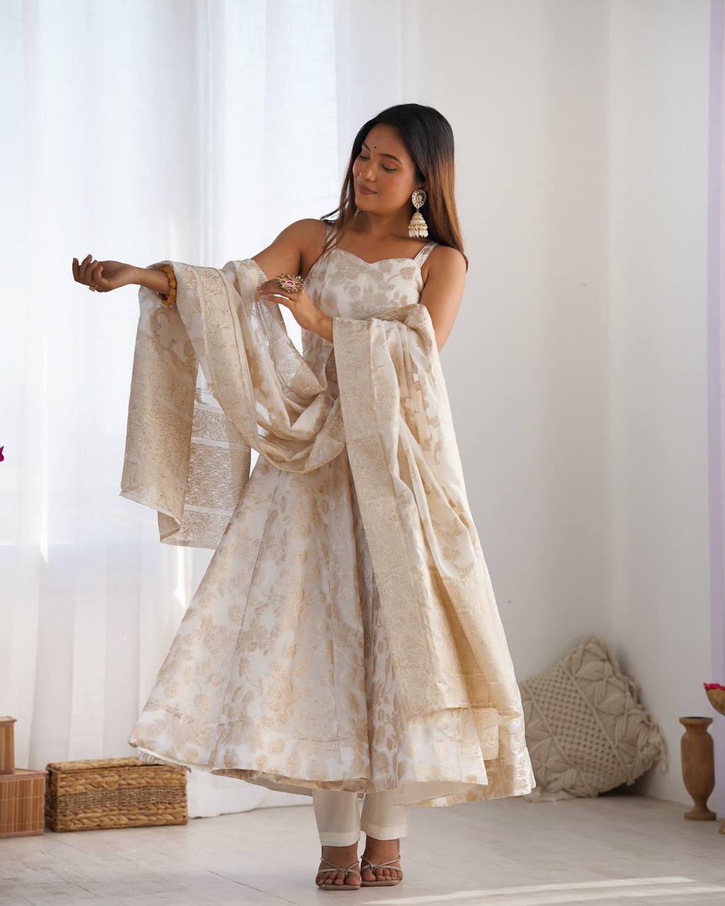 White Banarasi Silk Anarkali Set