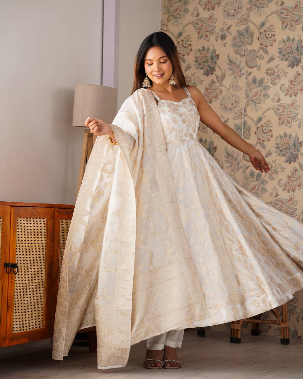 White Banarasi Silk Anarkali Set