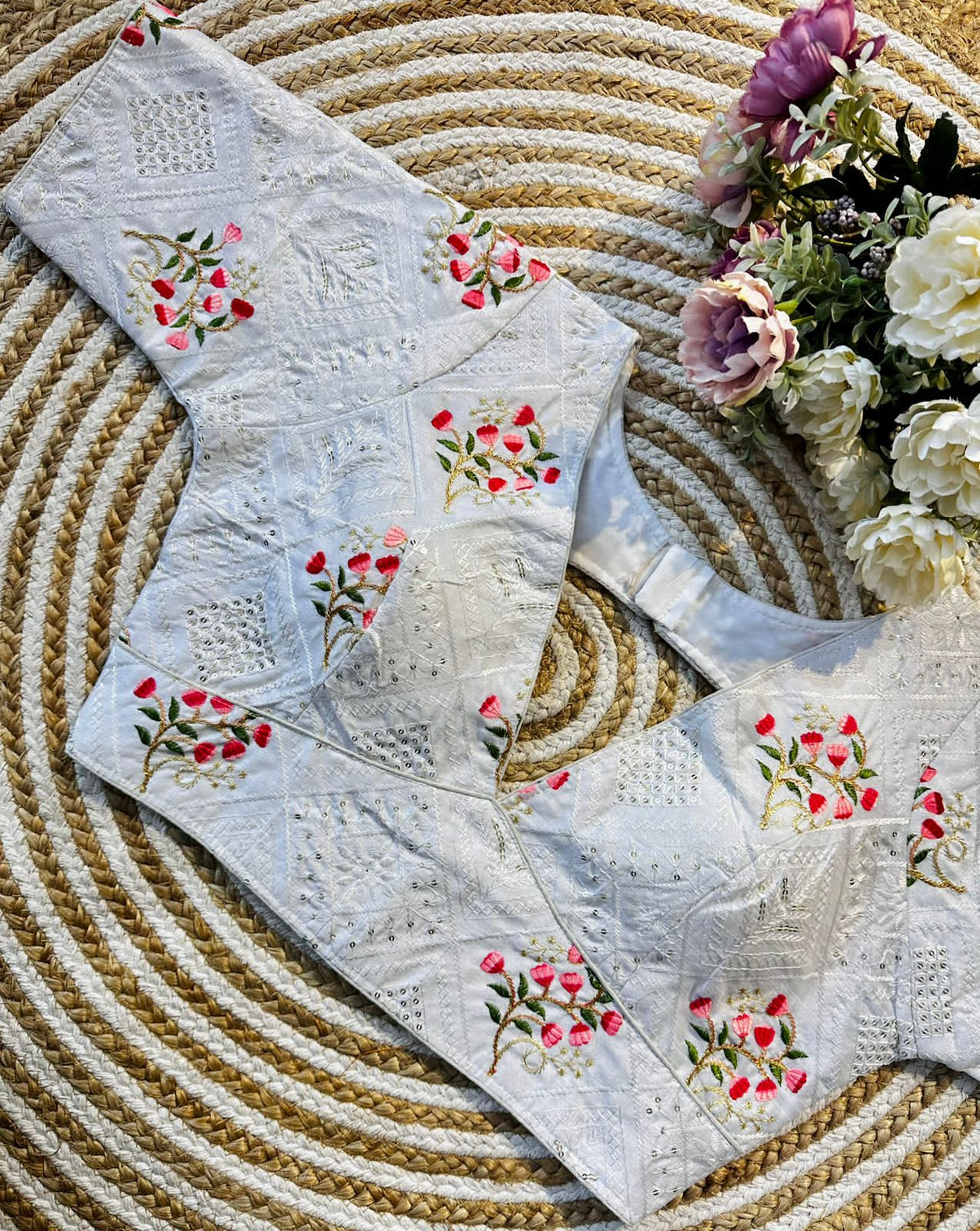 White Blooming Silk Blouse with Sequins and Tone-on-Tone Thread Work