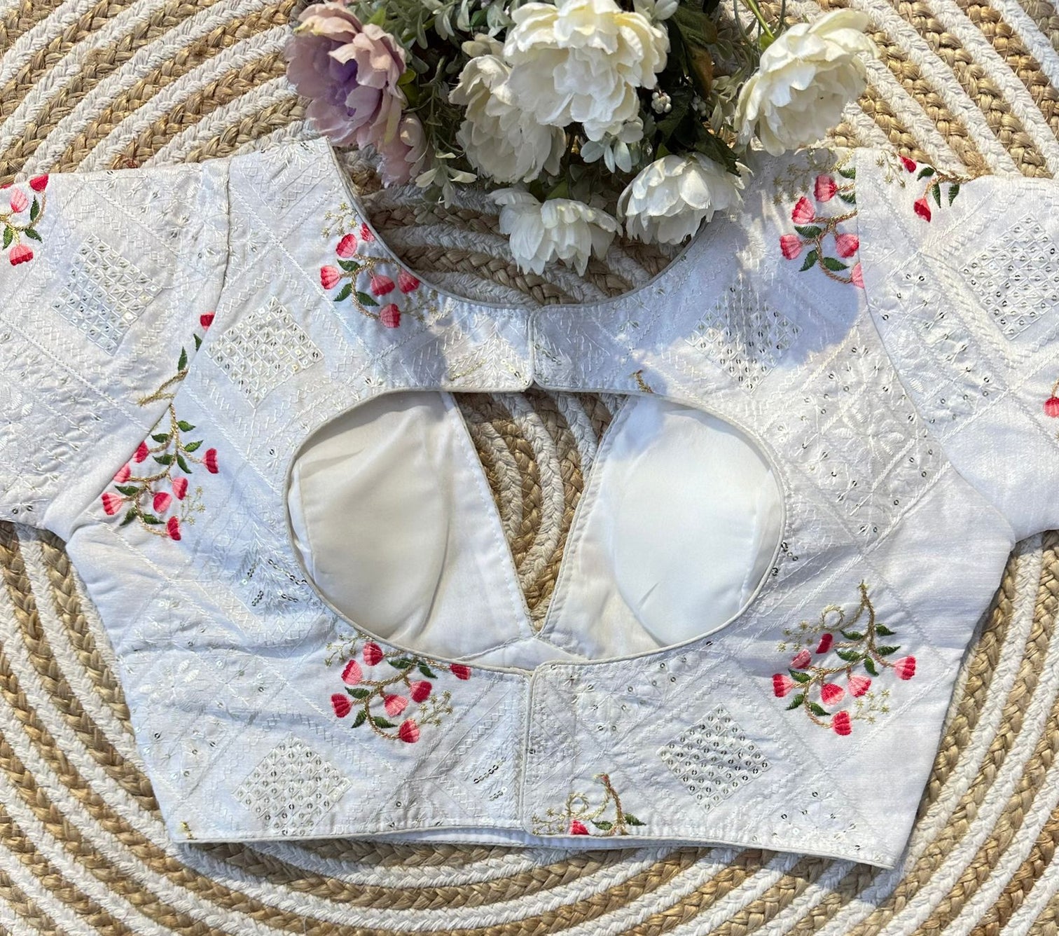 White Blooming Silk Blouse with Sequins and Tone-on-Tone Thread Work