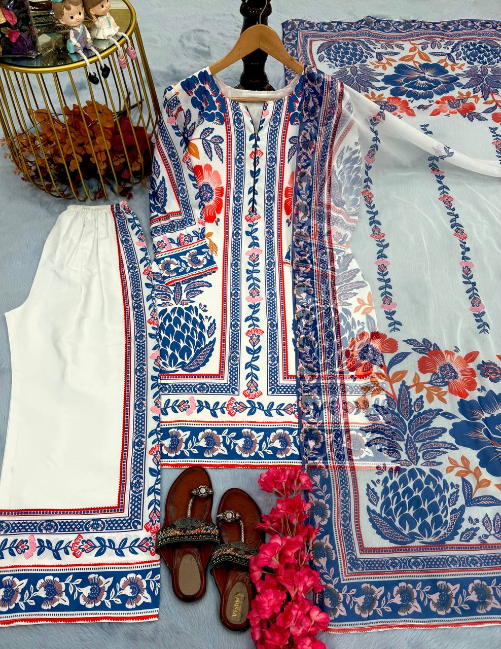 White & Blue Pure American Crepe Digital Print Co-Ord Set with Chiffon Georgette Dupatta – 3-Piece Fully Stitched Ensemble