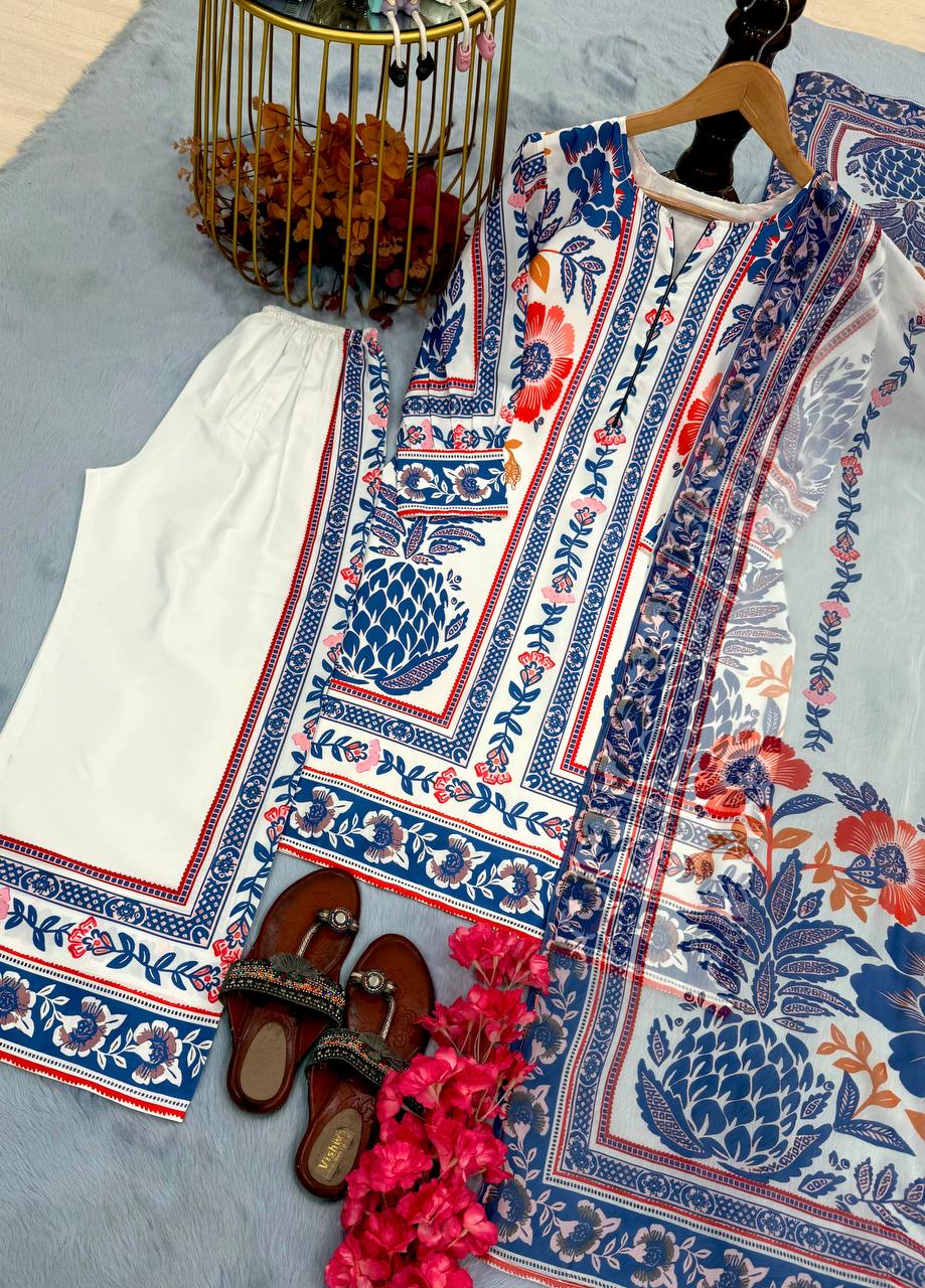 White & Blue Pure American Crepe Digital Print Co-Ord Set with Chiffon Georgette Dupatta – 3-Piece Fully Stitched Ensemble