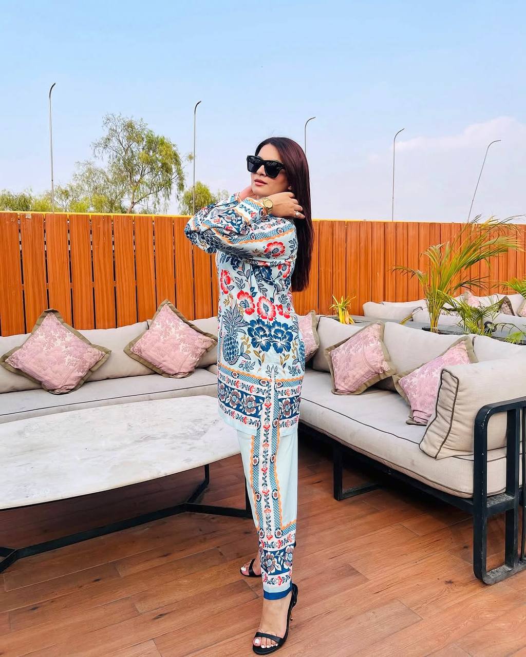 White & Blue Pure American Crepe Digital Print Co-Ord Set with Chiffon Georgette Dupatta – 3-Piece Fully Stitched Ensemble