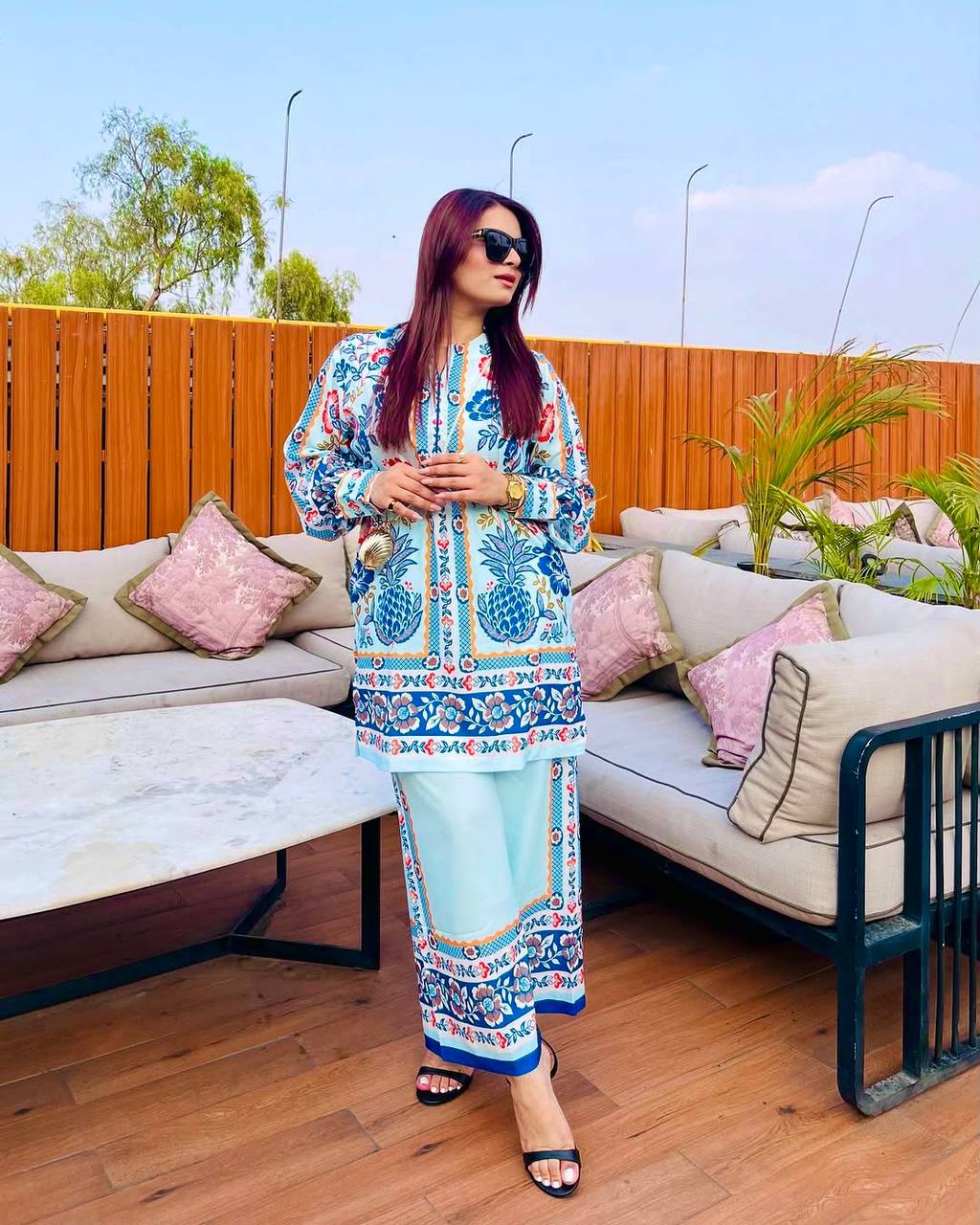 White & Blue Pure American Crepe Digital Print Co-Ord Set with Chiffon Georgette Dupatta – 3-Piece Fully Stitched Ensemble