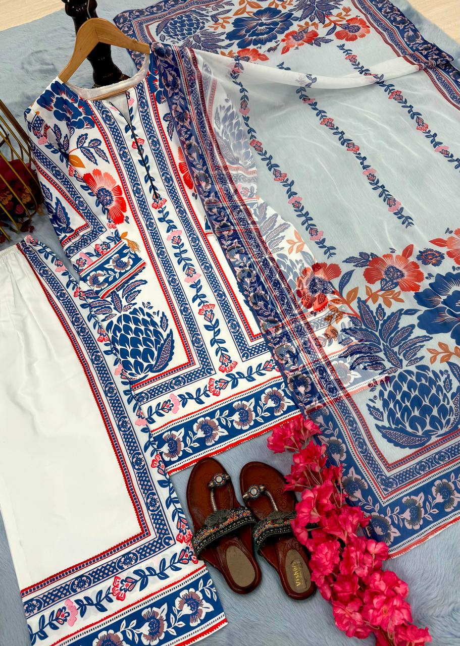 White & Blue Pure American Crepe Digital Print Co-Ord Set with Chiffon Georgette Dupatta – 3-Piece Fully Stitched Ensemble