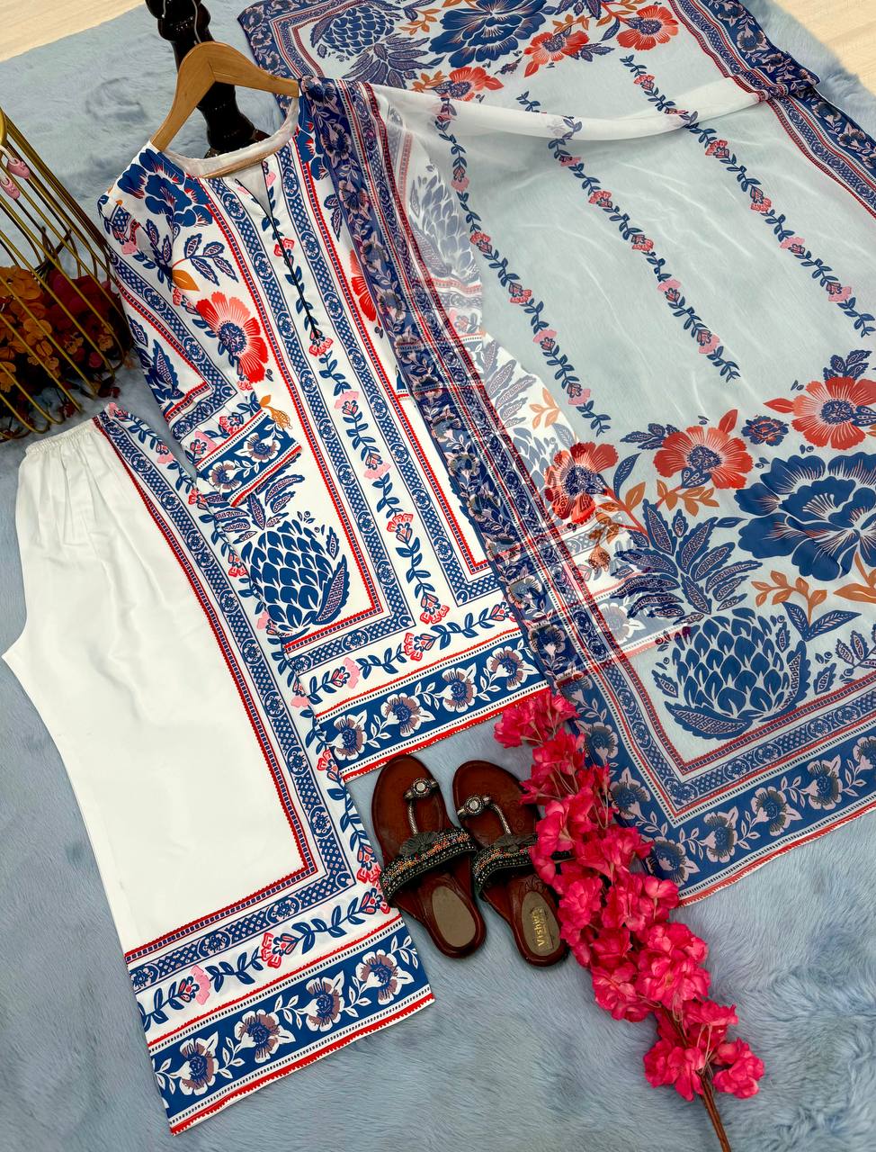 White & Blue Pure American Crepe Digital Print Co-Ord Set with Chiffon Georgette Dupatta – 3-Piece Fully Stitched Ensemble
