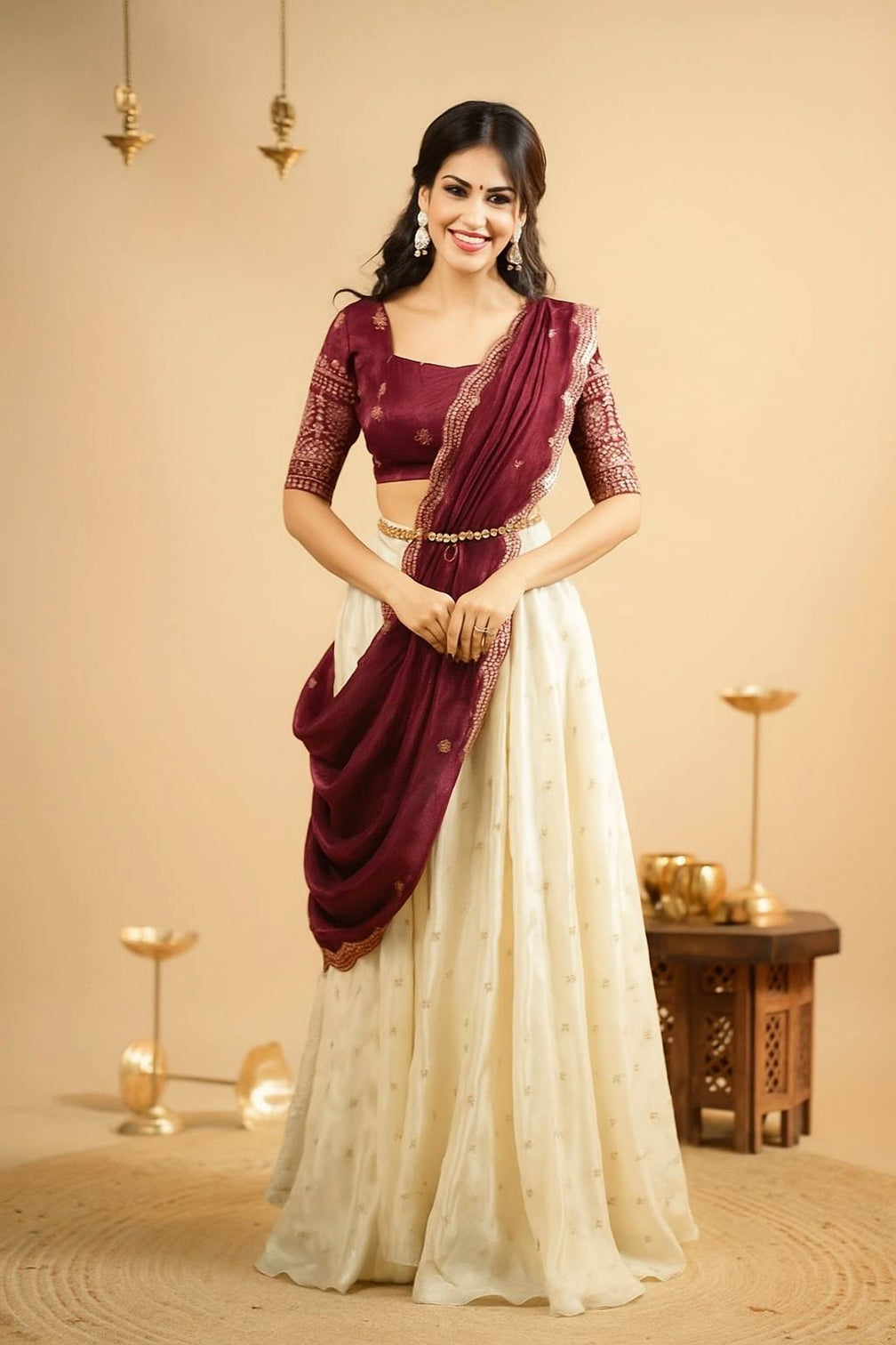 White & Brown Pure Crepe Silk Sequins & Zari Embroidered Lehenga with 5-Meter Flair, Shimmer Silk Unstitched Blouse & Matching Sequins Work Dupatta