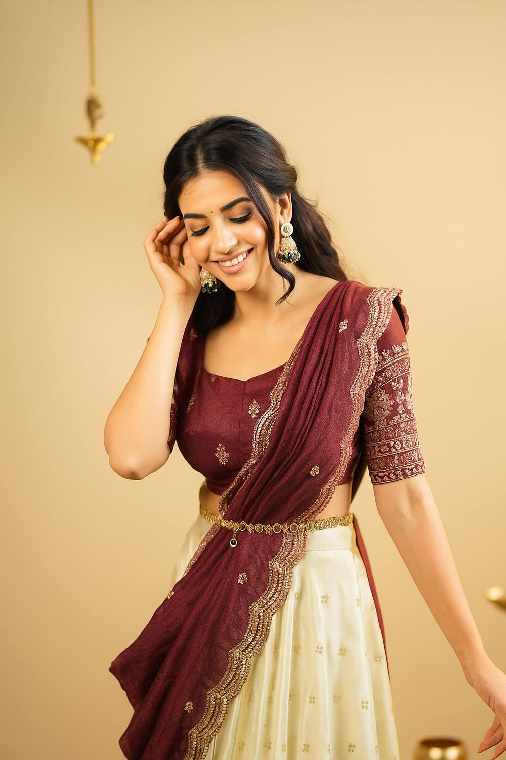 White & Brown Pure Crepe Silk Sequins & Zari Embroidered Lehenga with 5-Meter Flair, Shimmer Silk Unstitched Blouse & Matching Sequins Work Dupatta