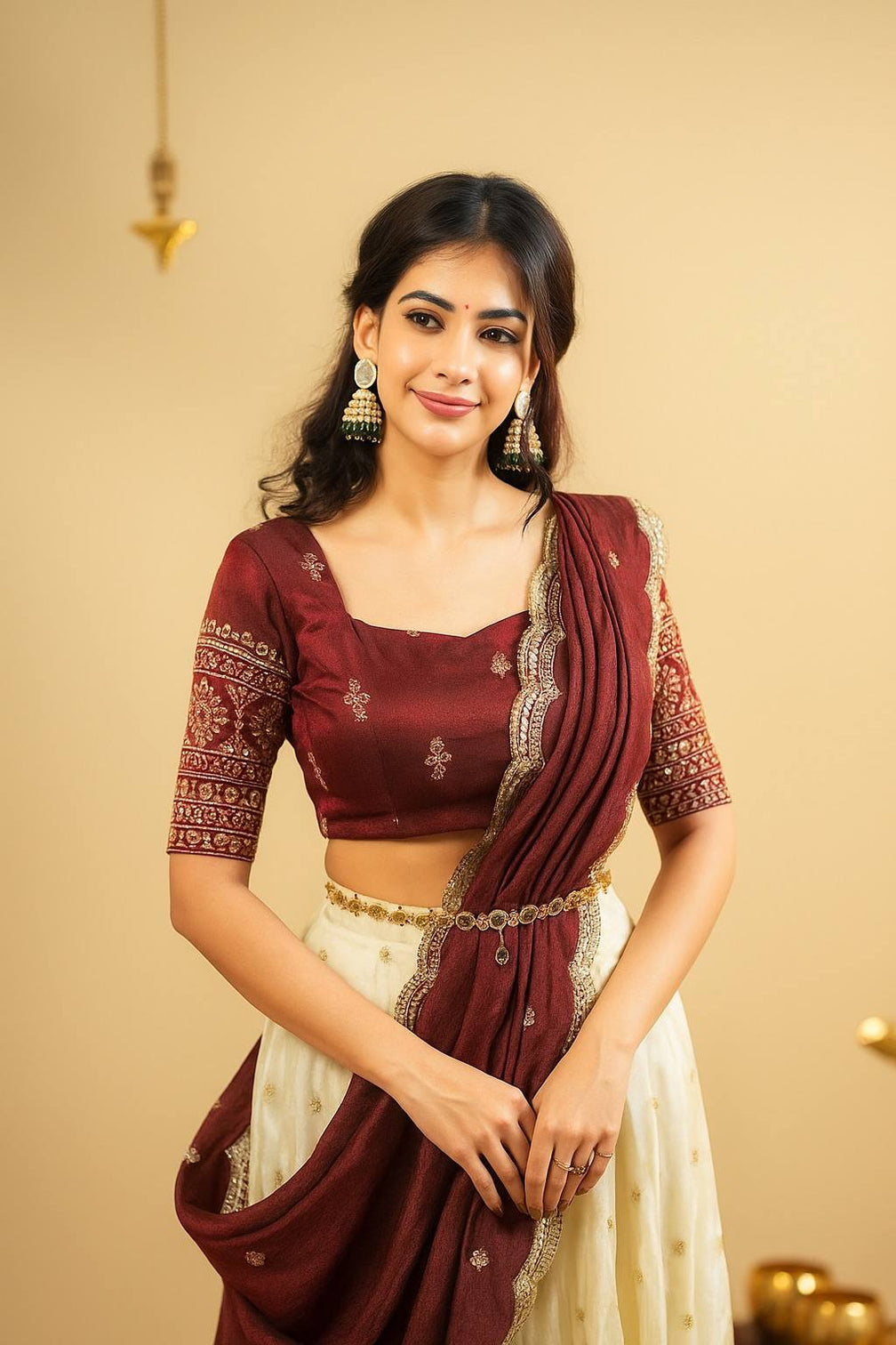 White & Brown Pure Crepe Silk Sequins & Zari Embroidered Lehenga with 5-Meter Flair, Shimmer Silk Unstitched Blouse & Matching Sequins Work Dupatta
