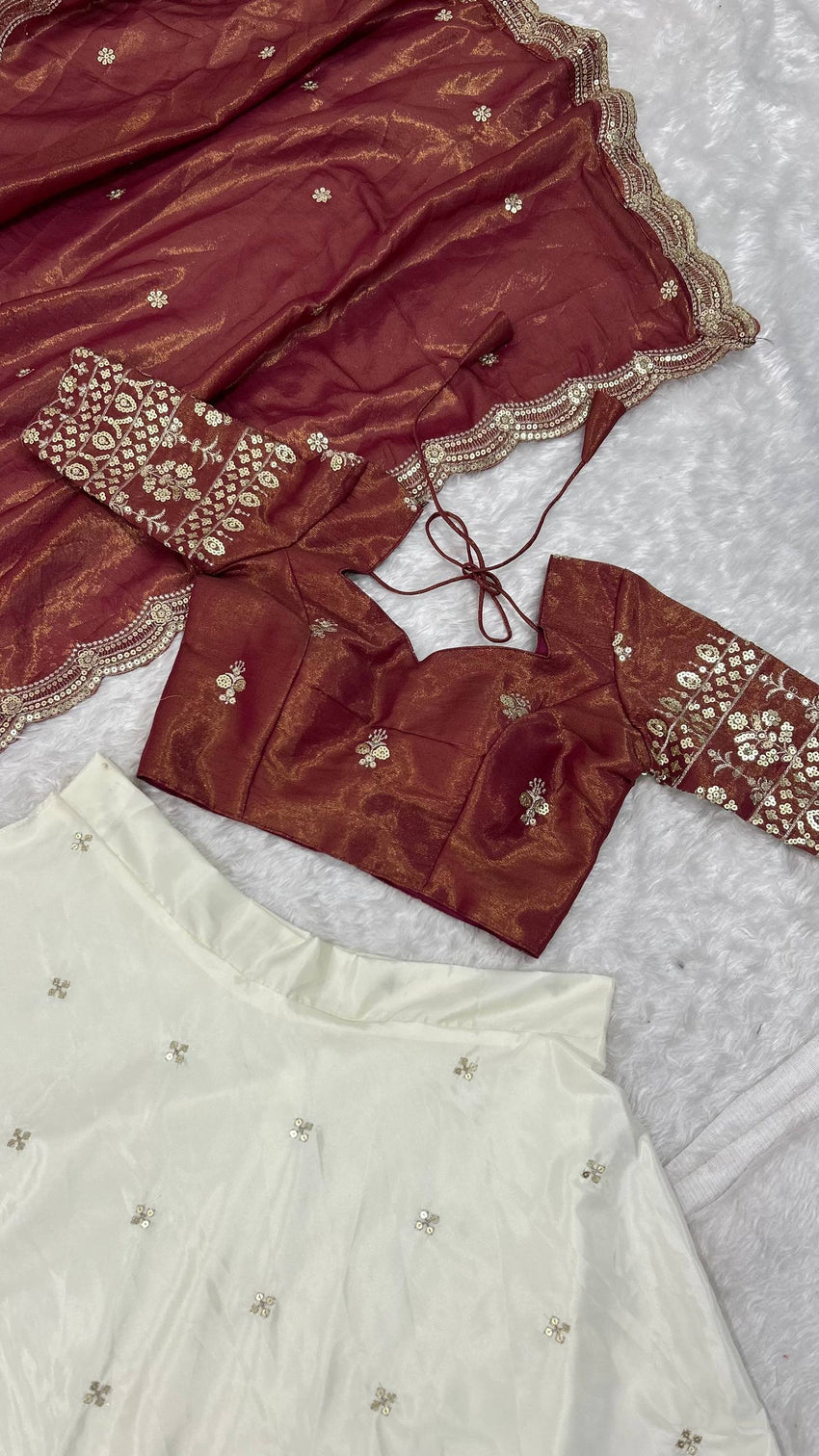 White & Brown Pure Crepe Silk Sequins & Zari Embroidered Lehenga with 5-Meter Flair, Shimmer Silk Unstitched Blouse & Matching Sequins Work Dupatta