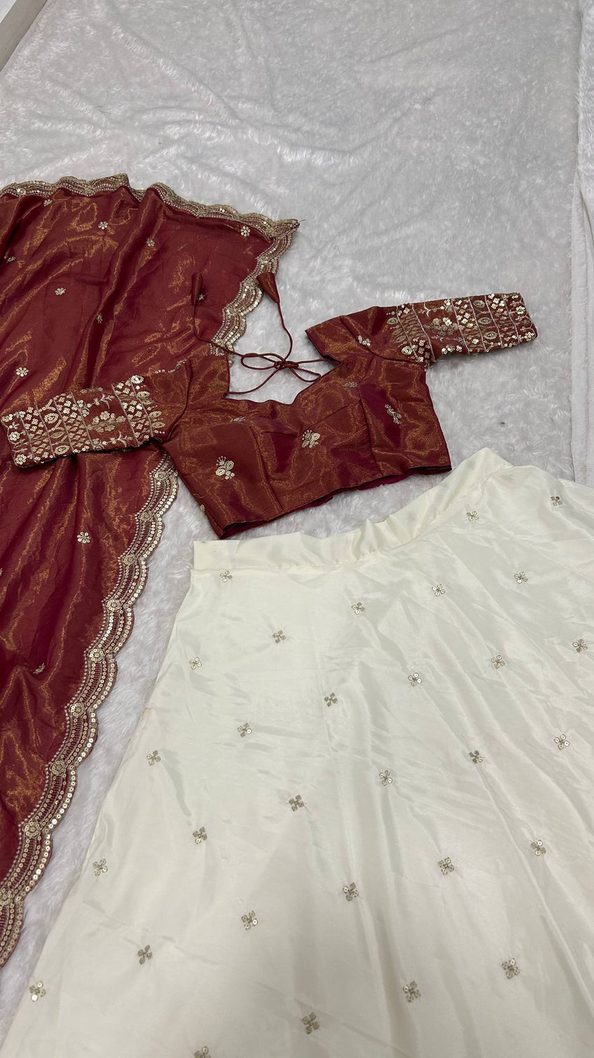 White & Brown Pure Crepe Silk Sequins & Zari Embroidered Lehenga with 5-Meter Flair, Shimmer Silk Unstitched Blouse & Matching Sequins Work Dupatta