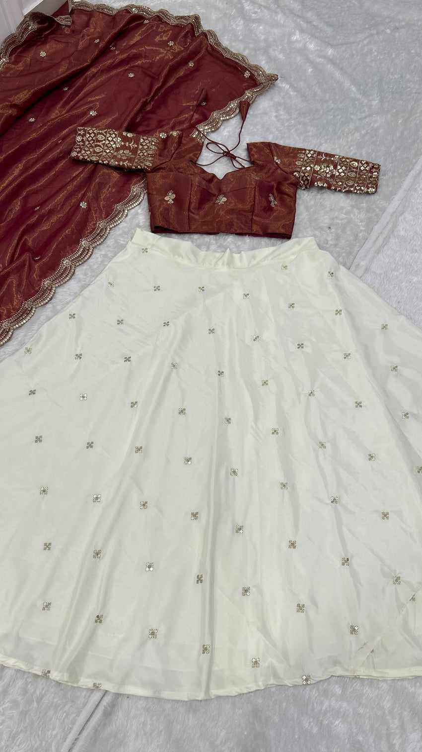 White & Brown Pure Crepe Silk Sequins & Zari Embroidered Lehenga with 5-Meter Flair, Shimmer Silk Unstitched Blouse & Matching Sequins Work Dupatta
