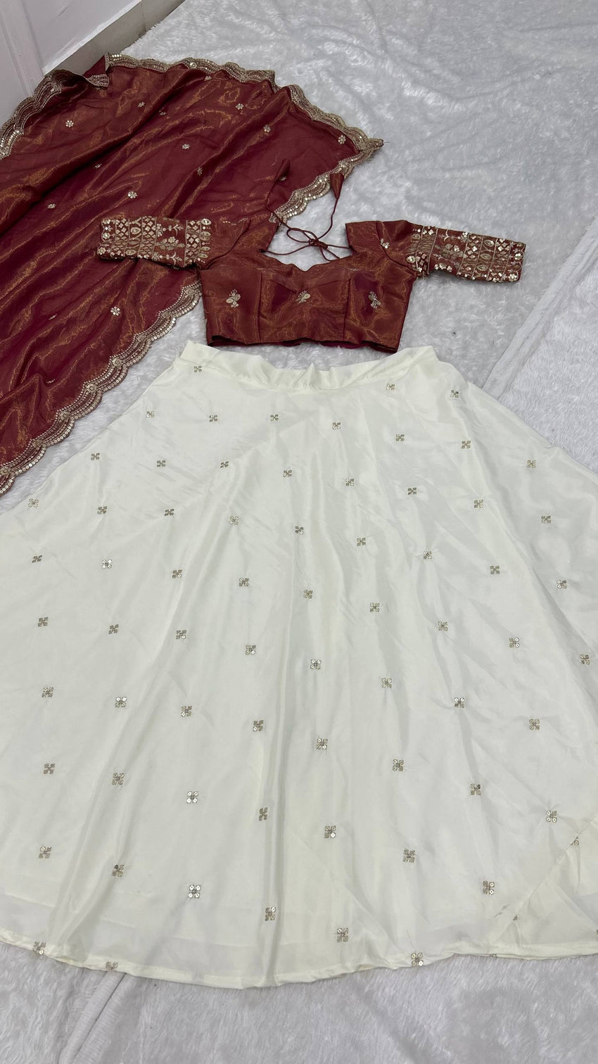 White & Brown Pure Crepe Silk Sequins & Zari Embroidered Lehenga with 5-Meter Flair, Shimmer Silk Unstitched Blouse & Matching Sequins Work Dupatta