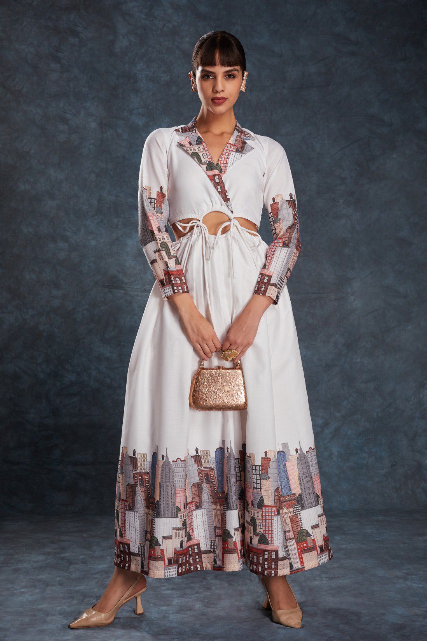 White Chic Printed Linen Maxi Dress – Ready to Wear