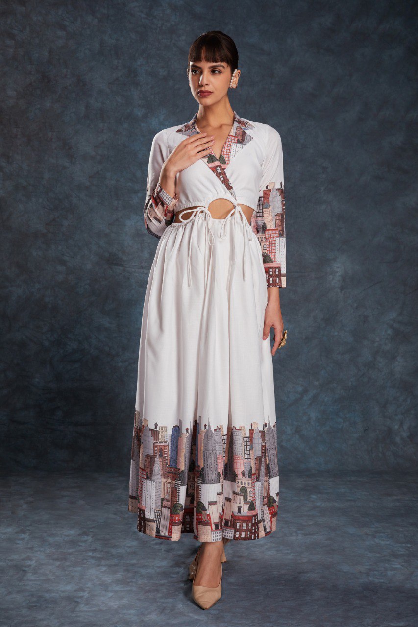 White Chic Printed Linen Maxi Dress – Ready to Wear
