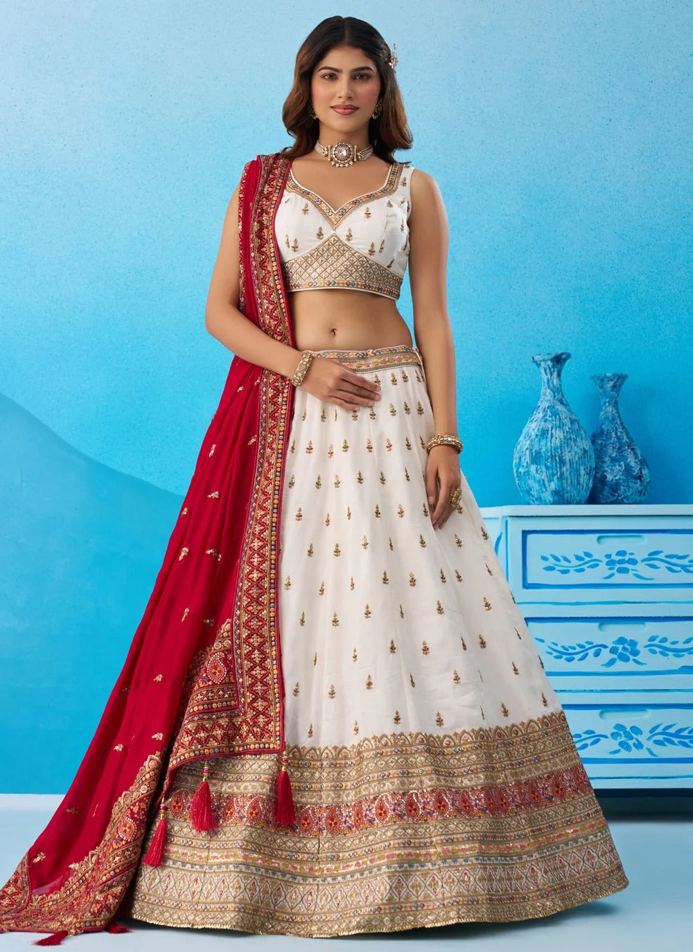 White chinnon silk wedding lehenga with zari sequins embroidery