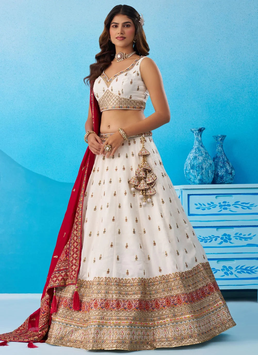 White chinnon silk wedding lehenga with zari sequins embroidery