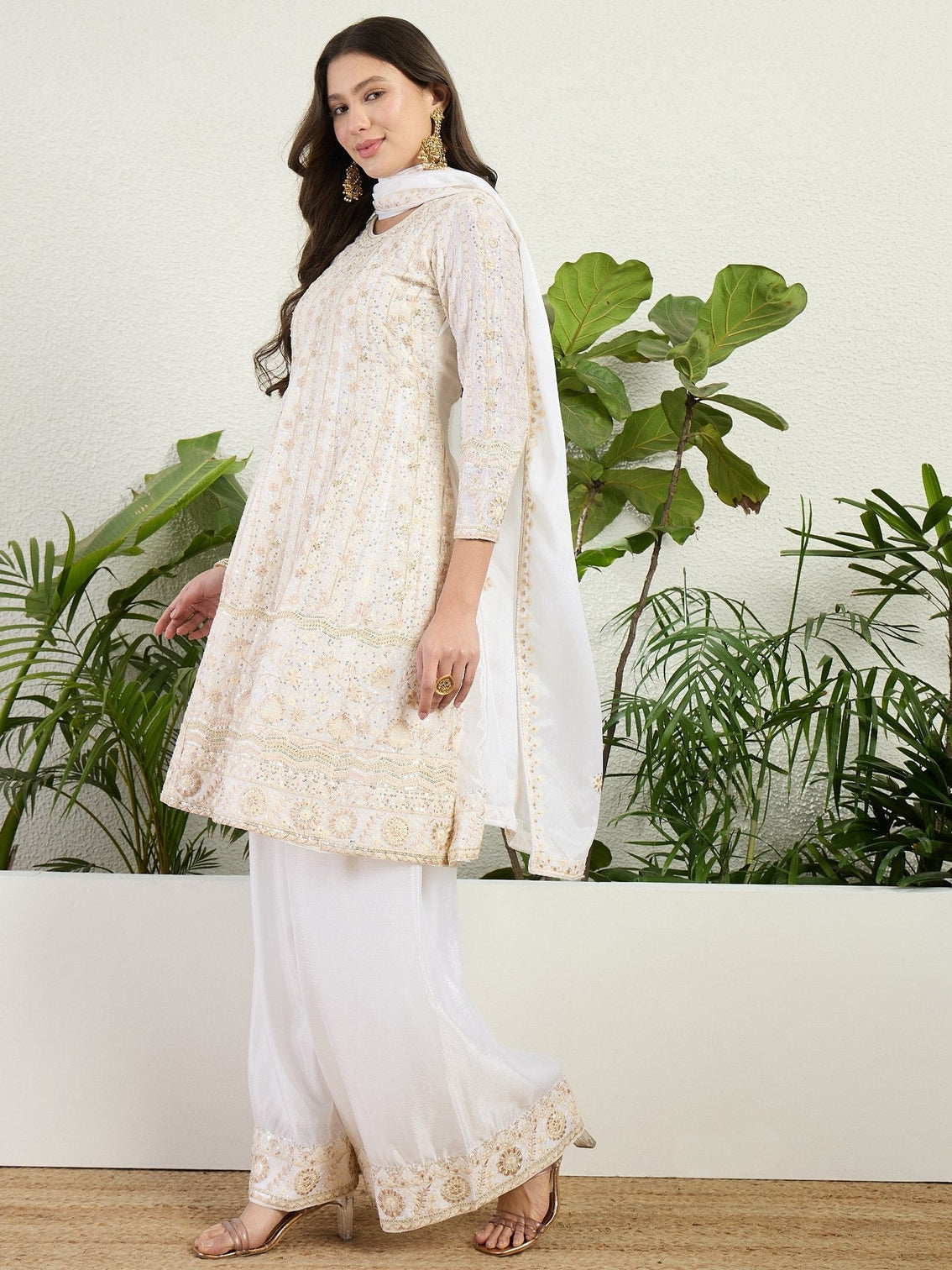 White Chinon Embroidered Palazzo Set