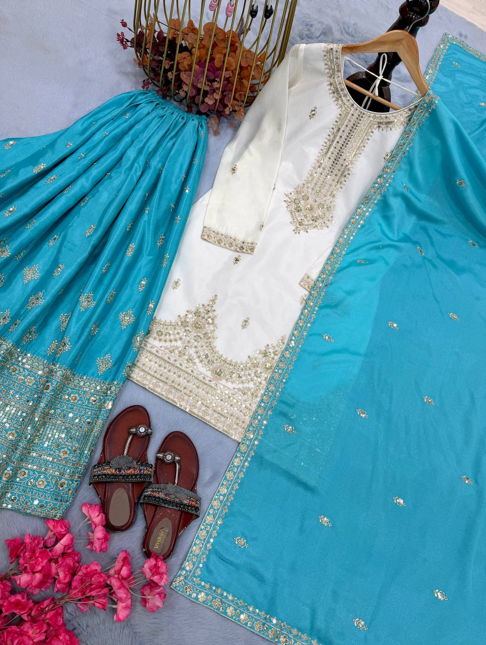 White Chinon Silk Palazzo Set
