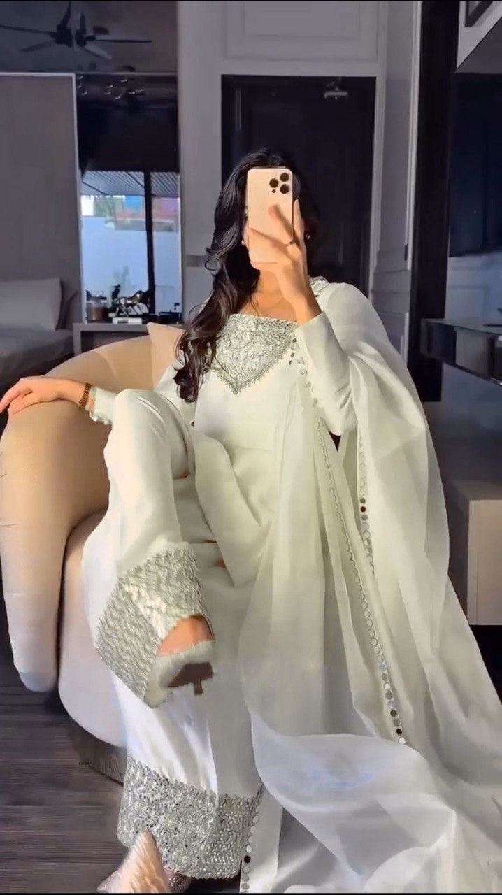 White Chinon Silk Thread & Sequin Embroidered Suit Set with Plazo and Dupatta