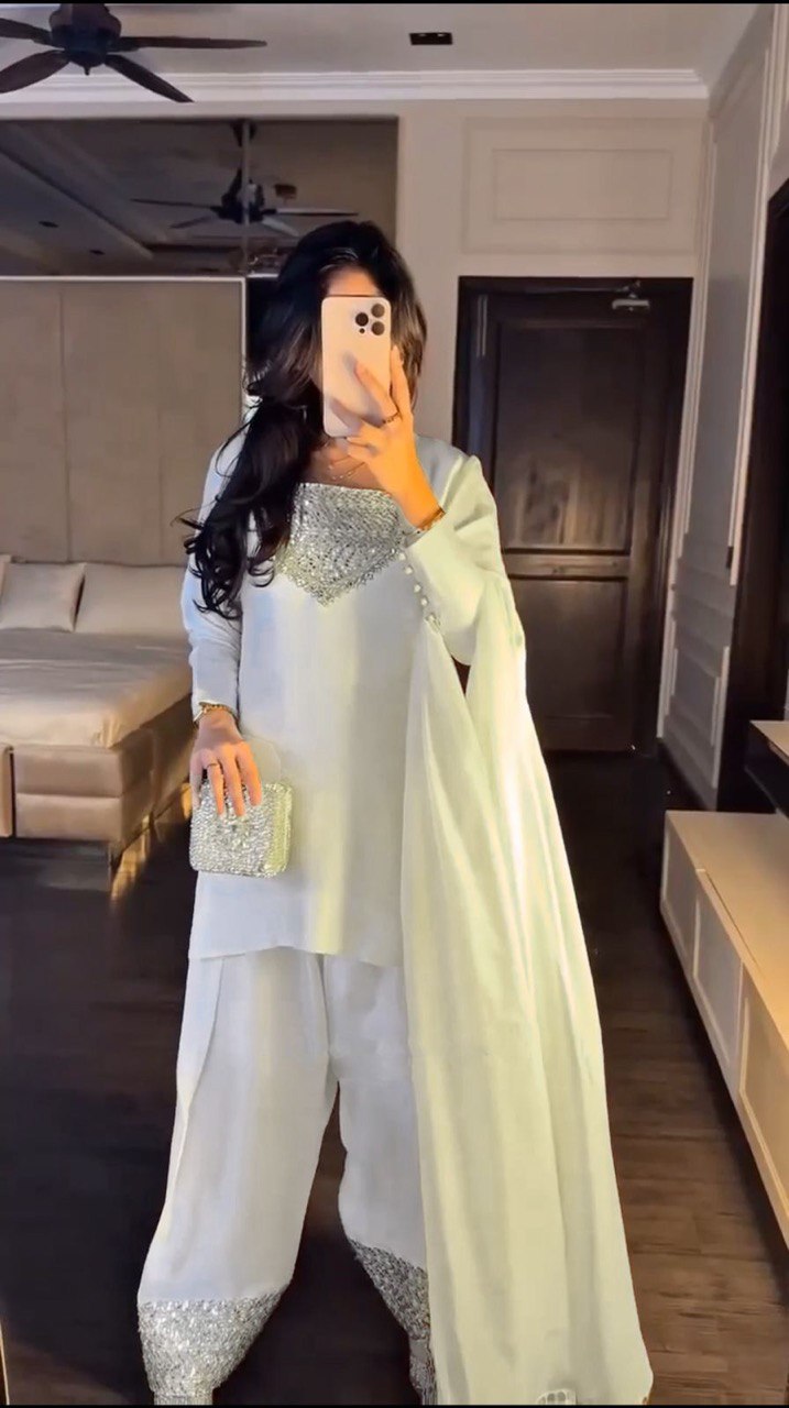 White Chinon Silk Thread & Sequin Embroidered Suit Set with Plazo and Dupatta