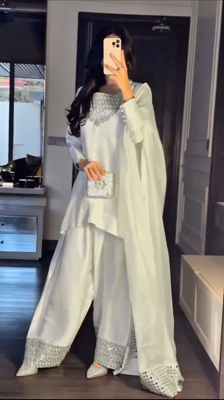 White Chinon Silk Thread & Sequin Embroidered Suit Set with Plazo and Dupatta