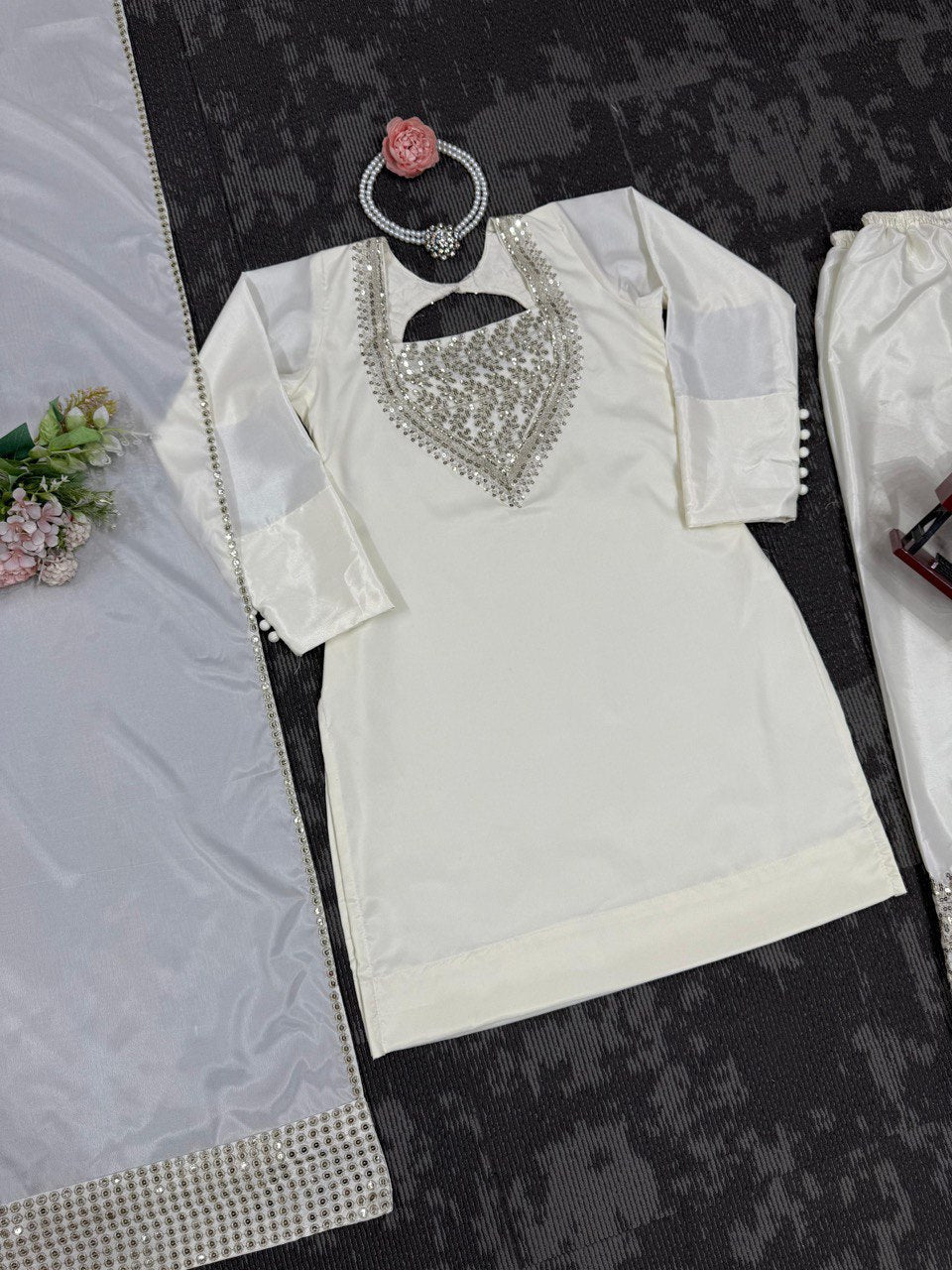 White Chinon Silk Thread & Sequin Embroidered Suit Set with Plazo and Dupatta