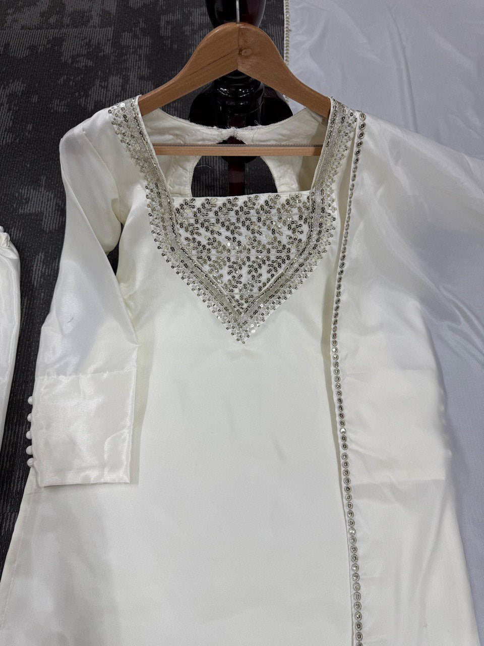 White Chinon Silk Thread & Sequin Embroidered Suit Set with Plazo and Dupatta