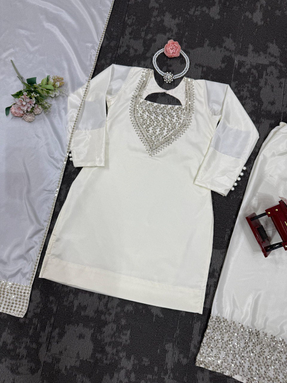 White Chinon Silk Thread & Sequin Embroidered Suit Set with Plazo and Dupatta