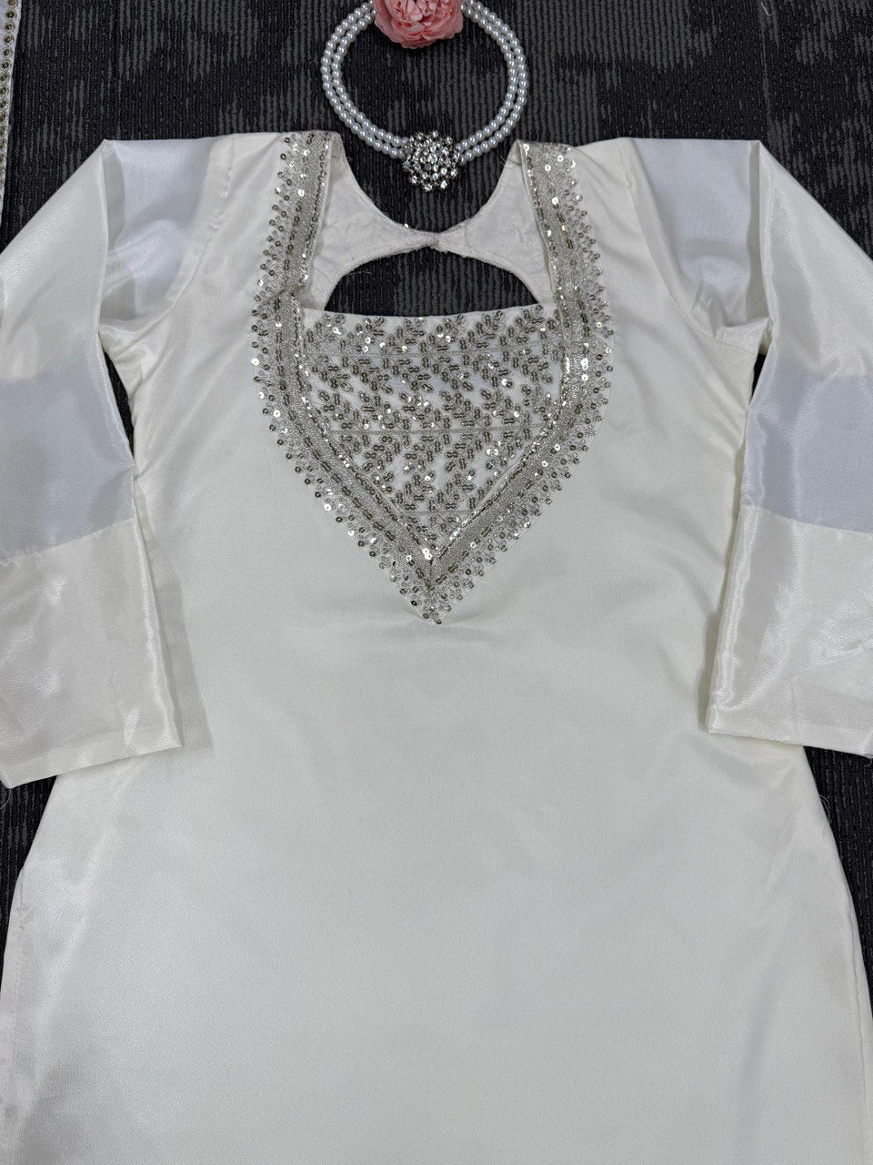 White Chinon Silk Thread & Sequin Embroidered Suit Set with Plazo and Dupatta