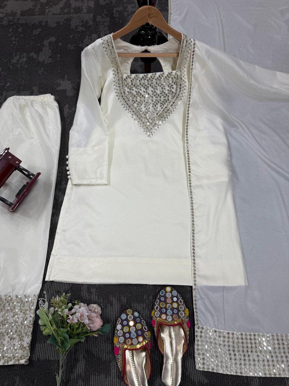 White Chinon Silk Thread & Sequin Embroidered Suit Set with Plazo and Dupatta