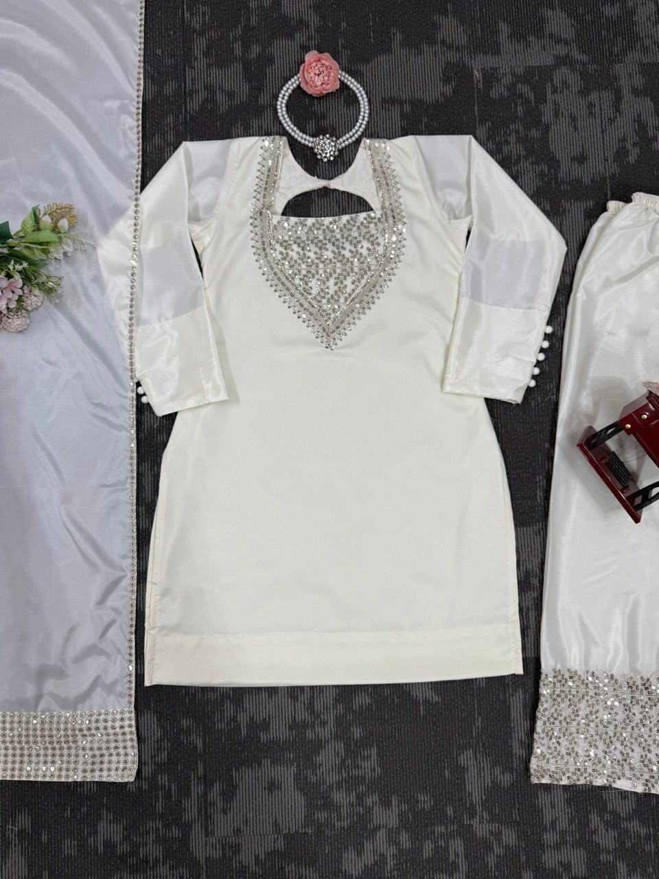 White Chinon Silk Thread & Sequin Embroidered Suit Set with Plazo and Dupatta