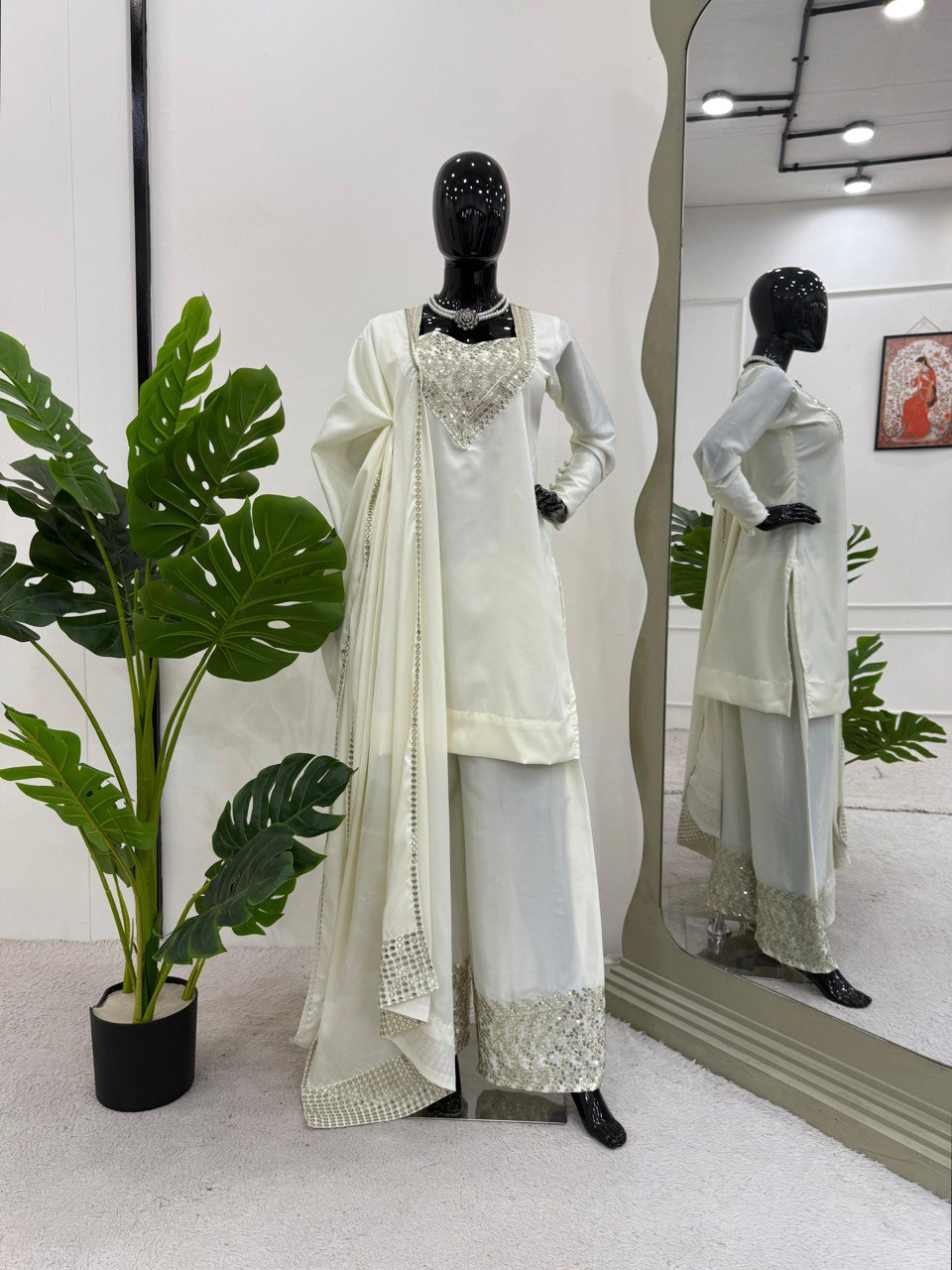 White Chinon Silk Thread & Sequin Embroidered Suit Set with Plazo and Dupatta