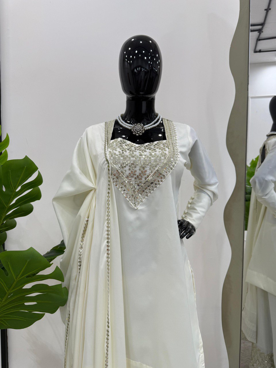 White Chinon Silk Thread & Sequin Embroidered Suit Set with Plazo and Dupatta