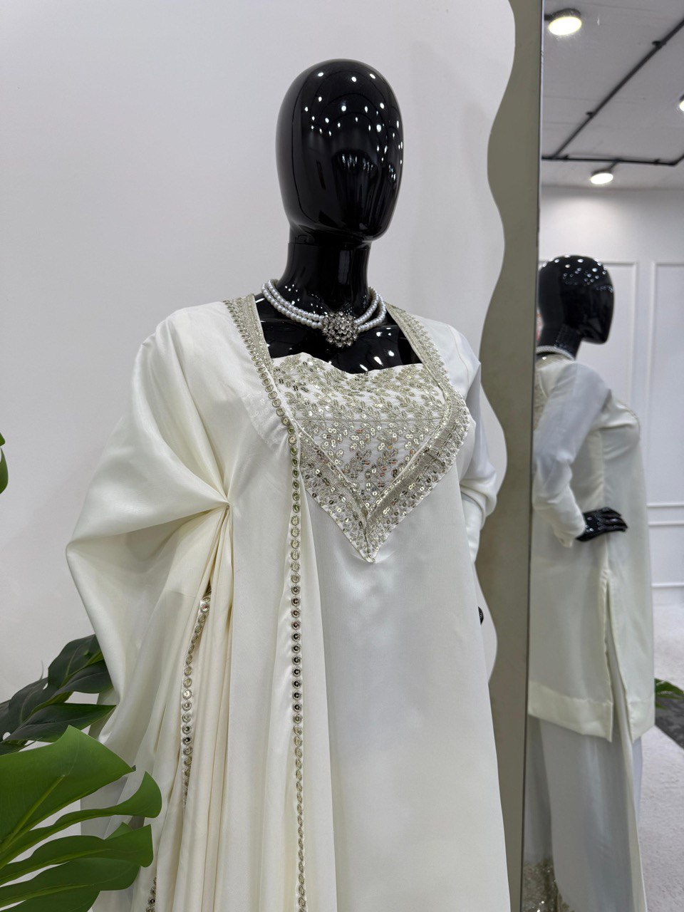 White Chinon Silk Thread & Sequin Embroidered Suit Set with Plazo and Dupatta
