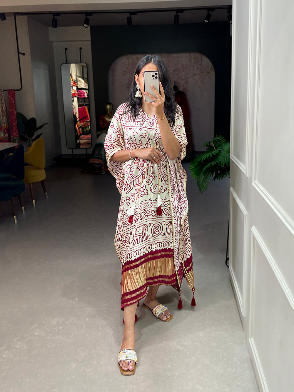 White Color Bandhej Print With Gotta Patti Lace Border Gaji Silk Kaftan