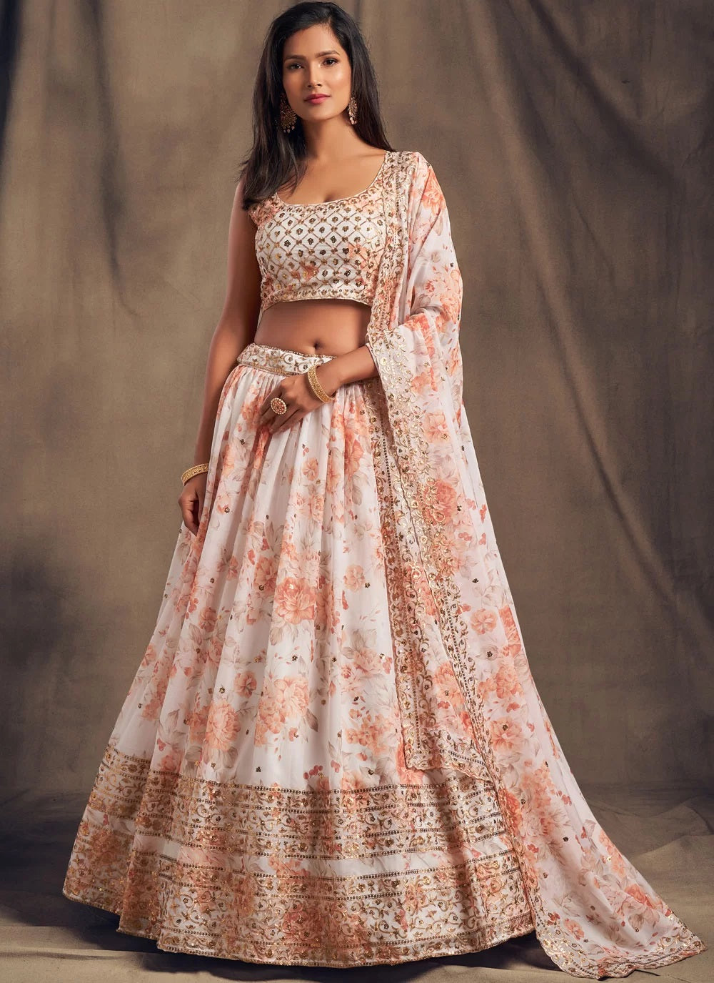 White color digital printed organza lehenga