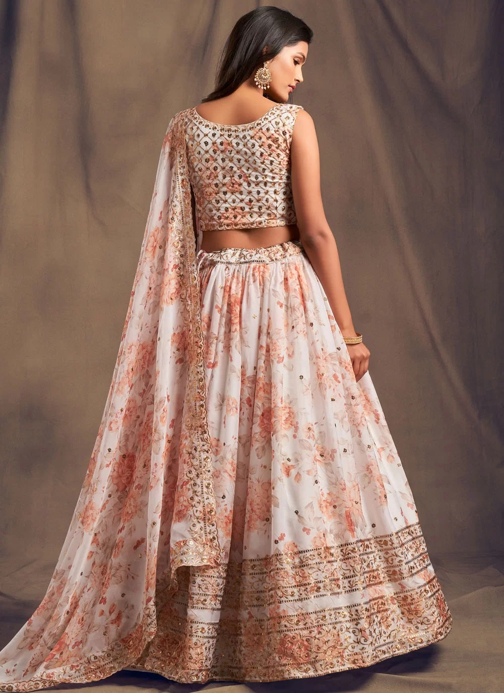 White color digital printed organza lehenga