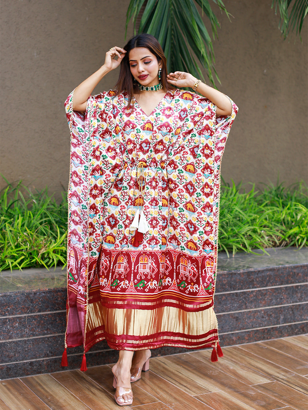 White color bandhej digital print pure gaji silk kaftan