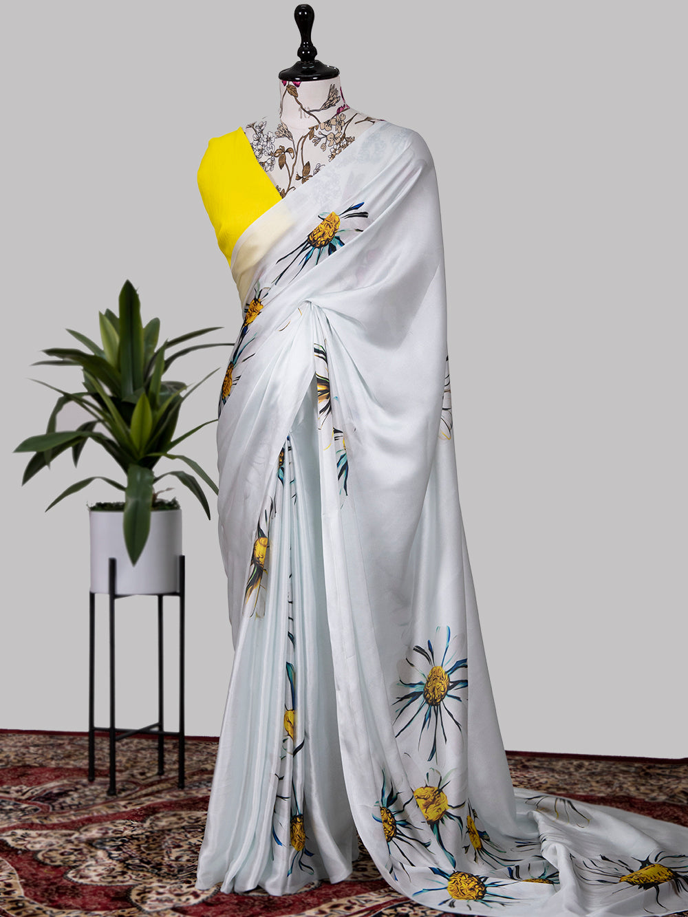 White Color Digital Printed Japan Satin Silk Saree