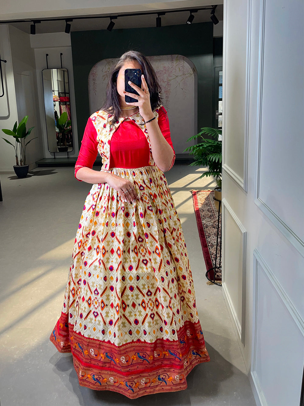 White Color Patola Paithani Printed And Foil Printed Dola Silk Dress